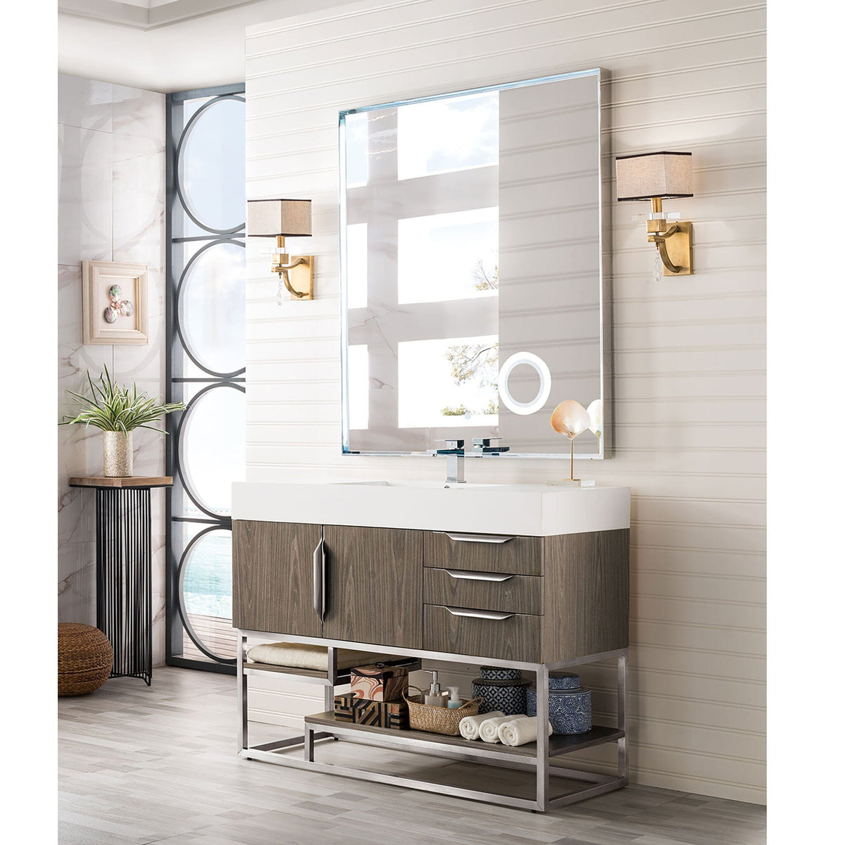 48" Columbia Single Bathroom Vanity, Ash Gray w/ Brushed Nickel Base and Glossy White Composite Stone Top
