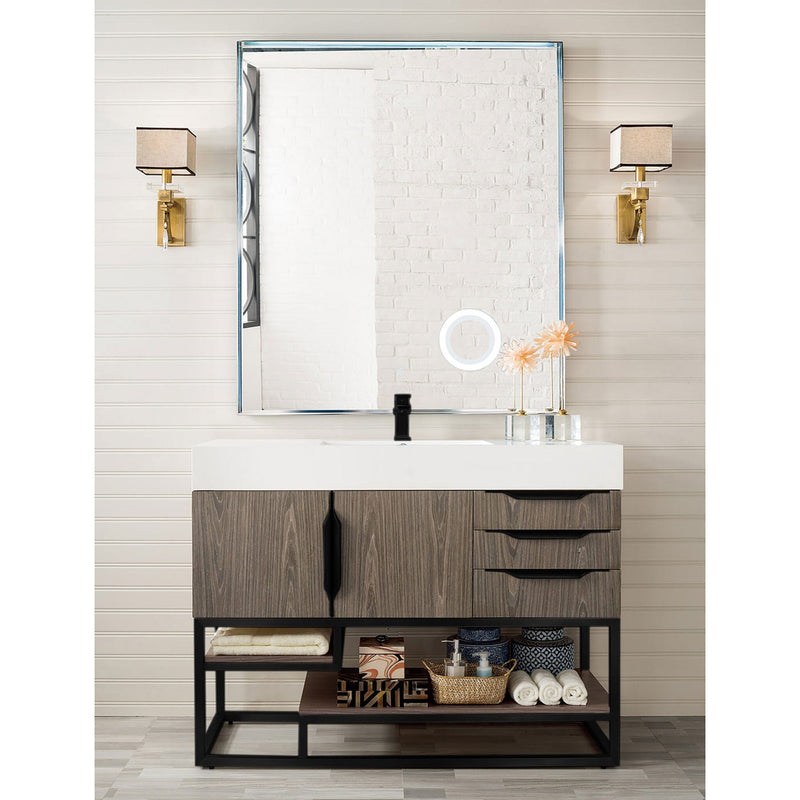 48" Columbia Single Bathroom Vanity, Ash Gray w/ Matte Black Base and Glossy White Composite Stone Top