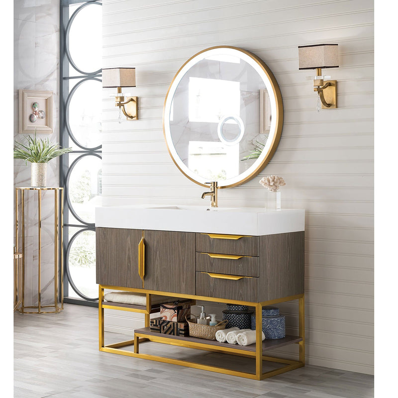 48" Columbia Single Bathroom Vanity, Ash Gray w/ Radiant Gold Base and Glossy White Composite Stone Top