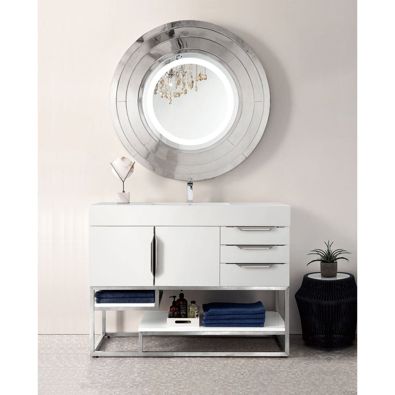 48" Columbia Single Bathroom Vanity, Glossy White w/ Brushed Nickel Base and Glossy White Composite Stone Top