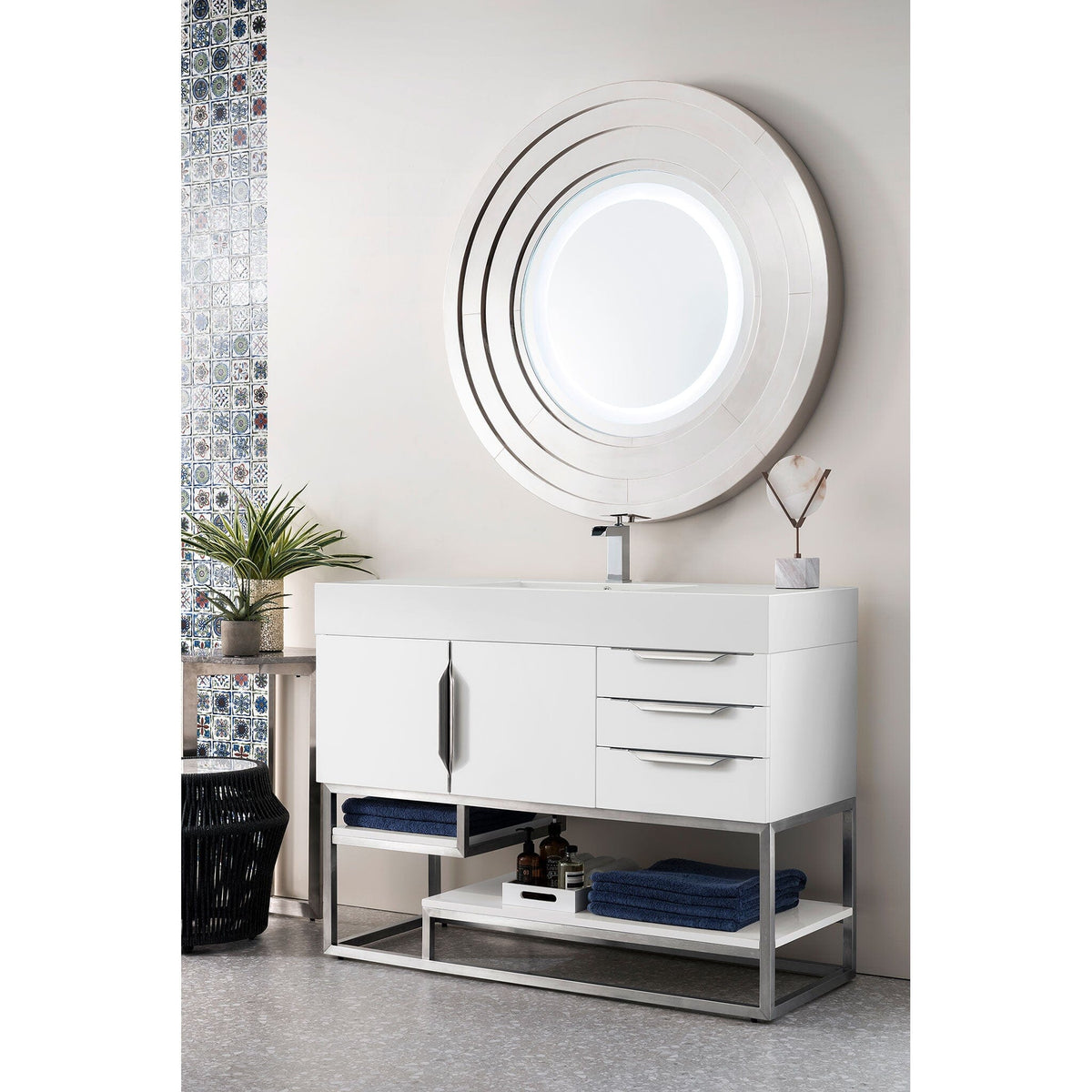 48" Columbia Single Bathroom Vanity, Glossy White w/ Brushed Nickel Base and Glossy White Composite Stone Top