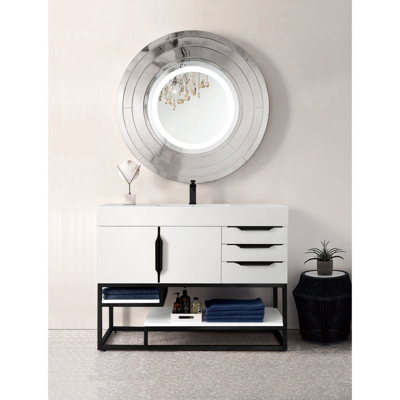 48" Columbia Single Bathroom Vanity, Glossy White w/ Matte Black Base and Glossy White Composite Stone Top