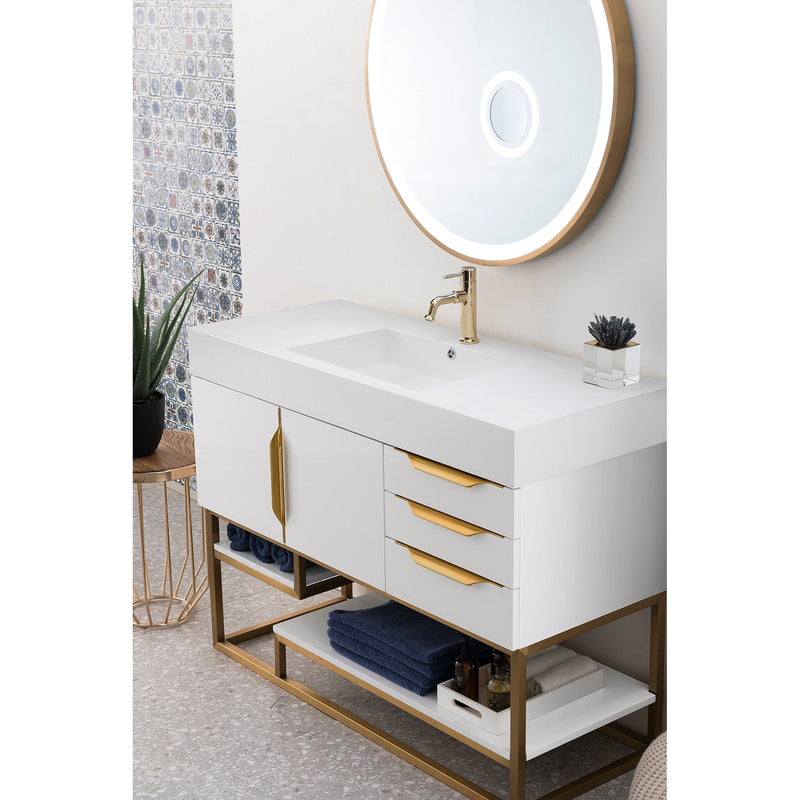 48" Columbia Single Bathroom Vanity, Glossy White w/ Radiant Gold Base and Glossy White Composite Stone Top