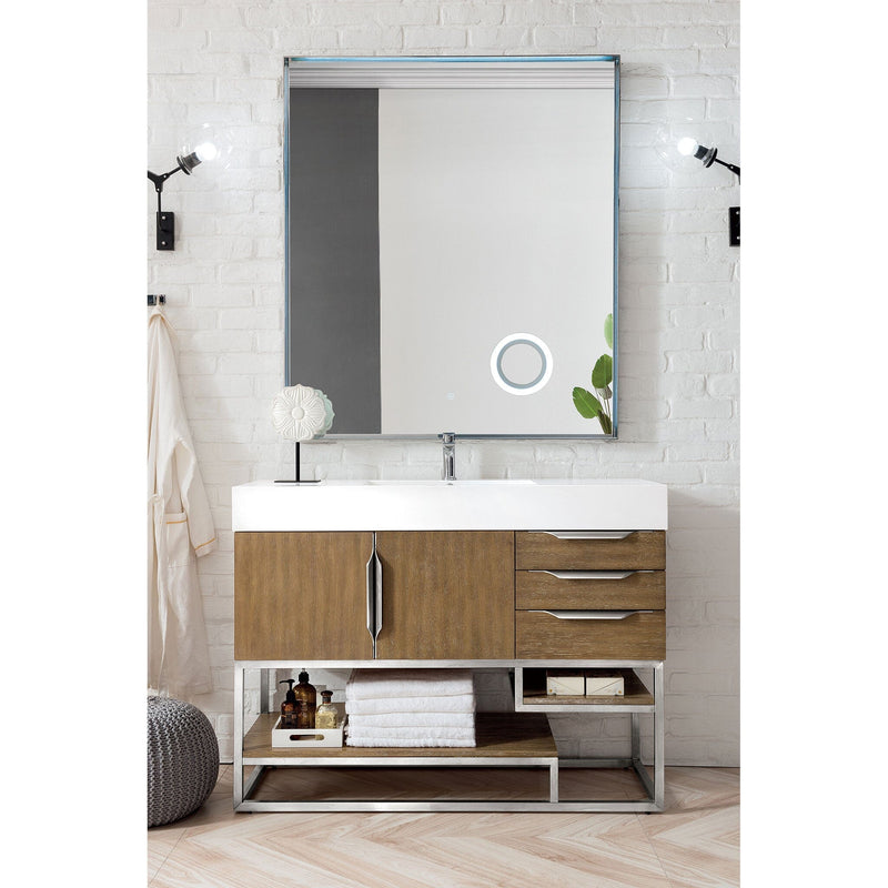 48" Columbia Single Bathroom Vanity, Latte Oak w/ Brushed Nickel Base and Glossy White Composite Stone Top