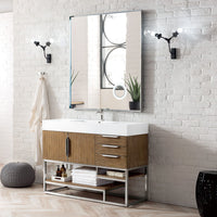 48" Columbia Single Bathroom Vanity, Latte Oak w/ Brushed Nickel Base and Glossy White Composite Stone Top