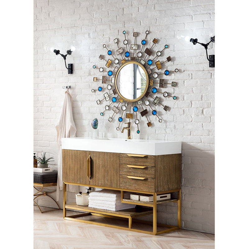 48" Columbia Single Bathroom Vanity, Latte Oak w/ Radiant Gold Base and Glossy White Composite Stone Top