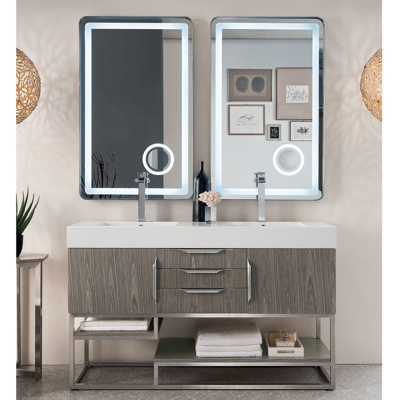 59" Columbia Double Bathroom Vanity, Ash Gray w/ Brushed Nickel Base and Glossy White Composite Stone Top