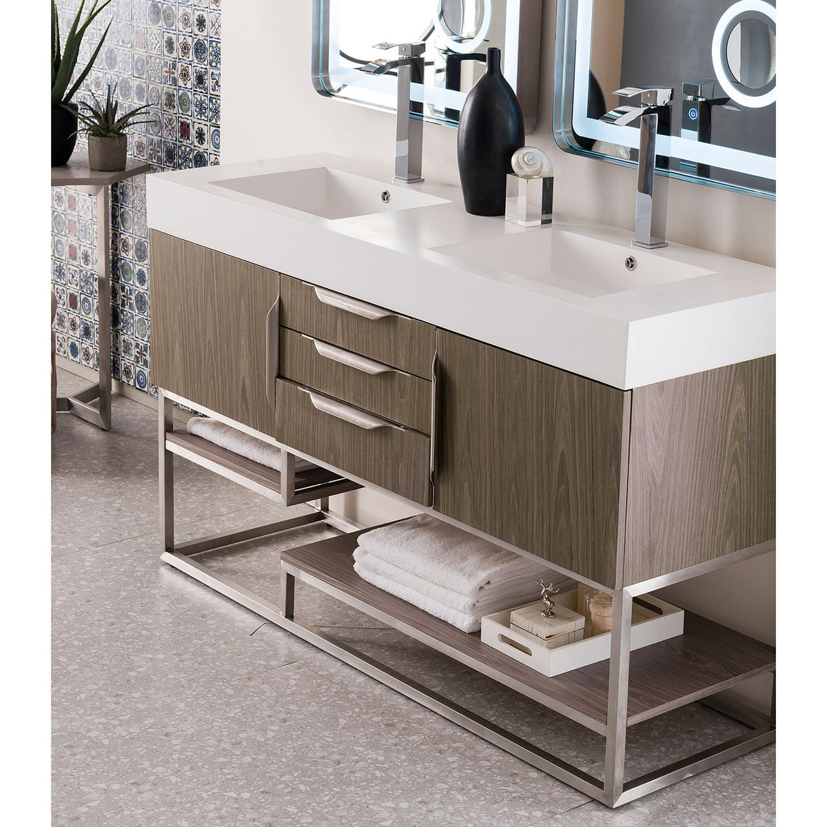 59" Columbia Double Bathroom Vanity, Ash Gray w/ Brushed Nickel Base and Glossy White Composite Stone Top