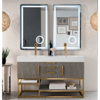 59" Columbia Double Bathroom Vanity, Ash Gray w/ Radiant Gold Base and Glossy White Composite Stone Top