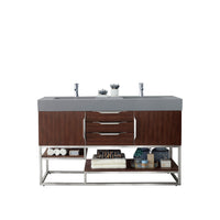59" Columbia Double Bathroom Vanity, Coffee Oak w/ Brushed Nickel Base