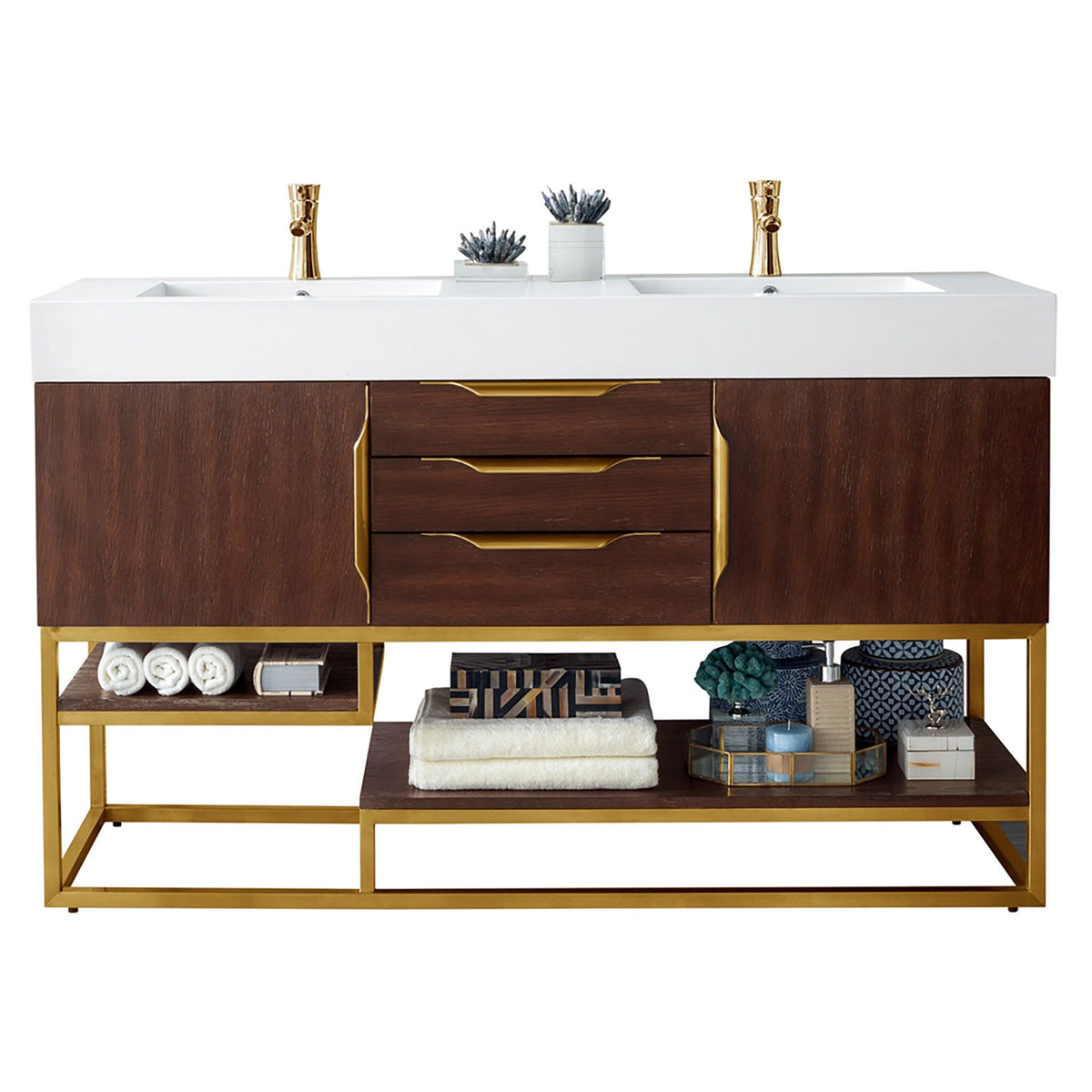 59" Columbia Double Bathroom Vanity, Coffee Oak w/ Radiant Gold Base