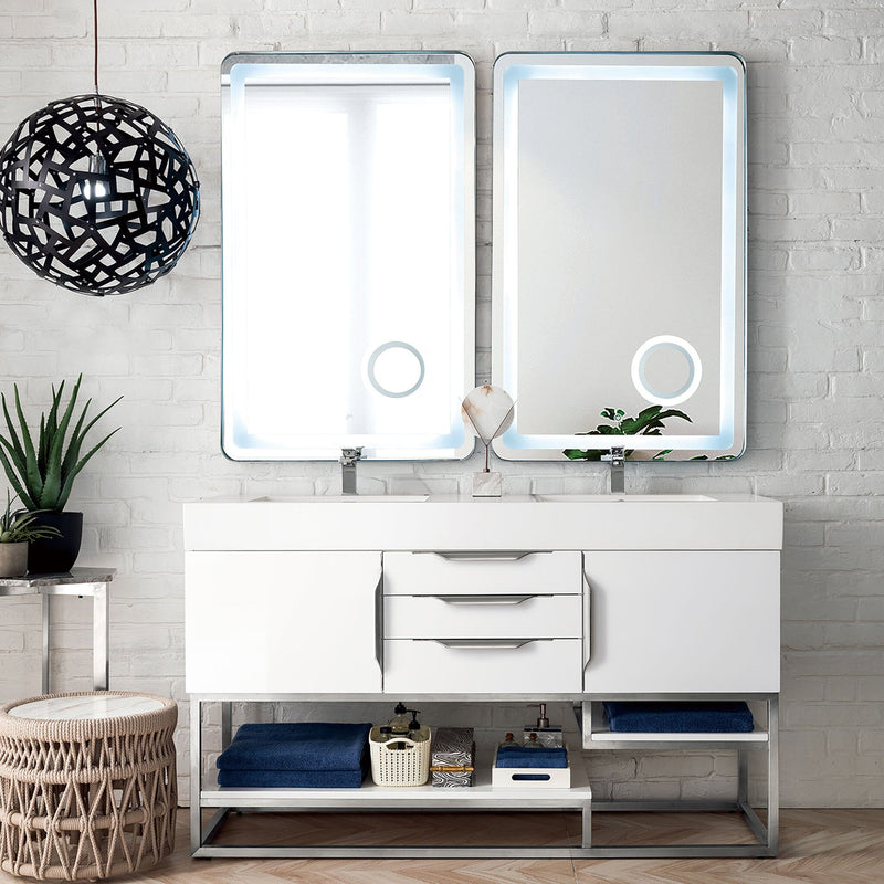 59" Columbia Double Bathroom Vanity, Glossy White w/ Brushed Nickel Base and Glossy White Composite Stone Top