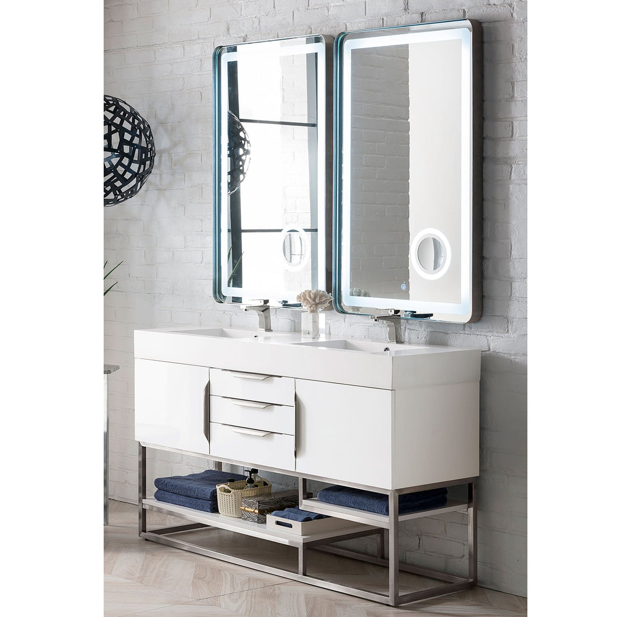 59" Columbia Double Bathroom Vanity, Glossy White w/ Brushed Nickel Base and Glossy White Composite Stone Top