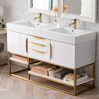 59" Columbia Double Bathroom Vanity, Glossy White w/ Radiant Gold Base