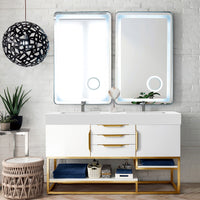 59" Columbia Double Bathroom Vanity, Glossy White w/ Radiant Gold Base