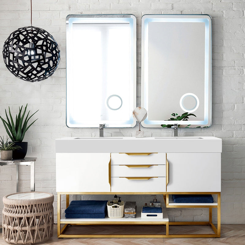 59" Columbia Double Bathroom Vanity, Glossy White w/ Radiant Gold Base and Glossy White Composite Stone Top