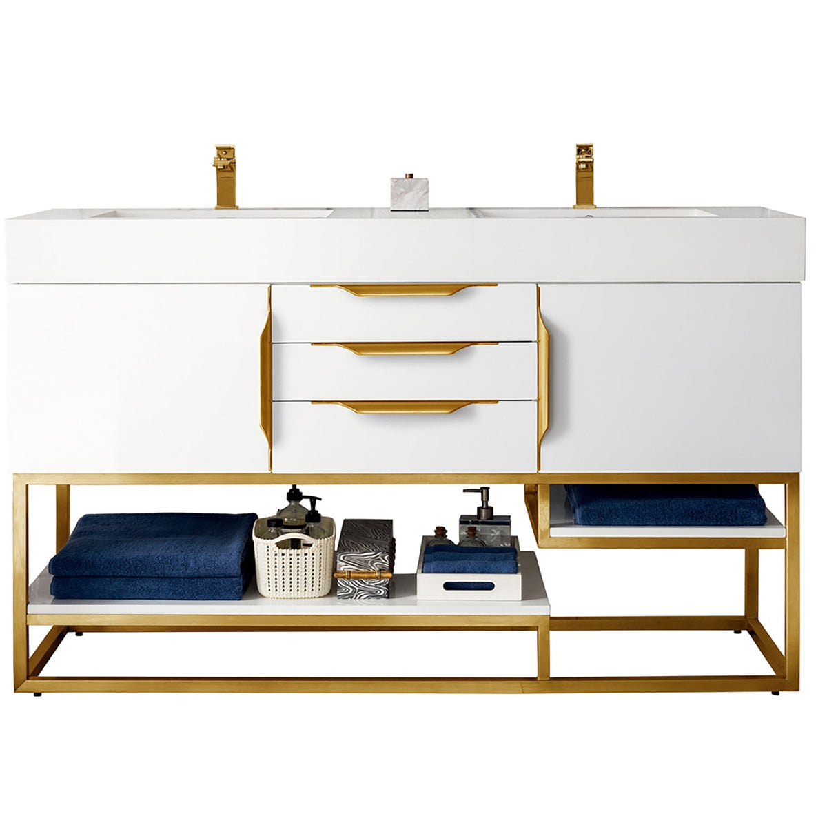 59" Columbia Double Bathroom Vanity, Glossy White w/ Radiant Gold Base and Glossy White Composite Stone Top