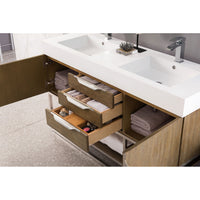 59" Columbia Double Bathroom Vanity, Latte Oak w/ Brushed Nickel Base and Glossy White Composite Stone Top