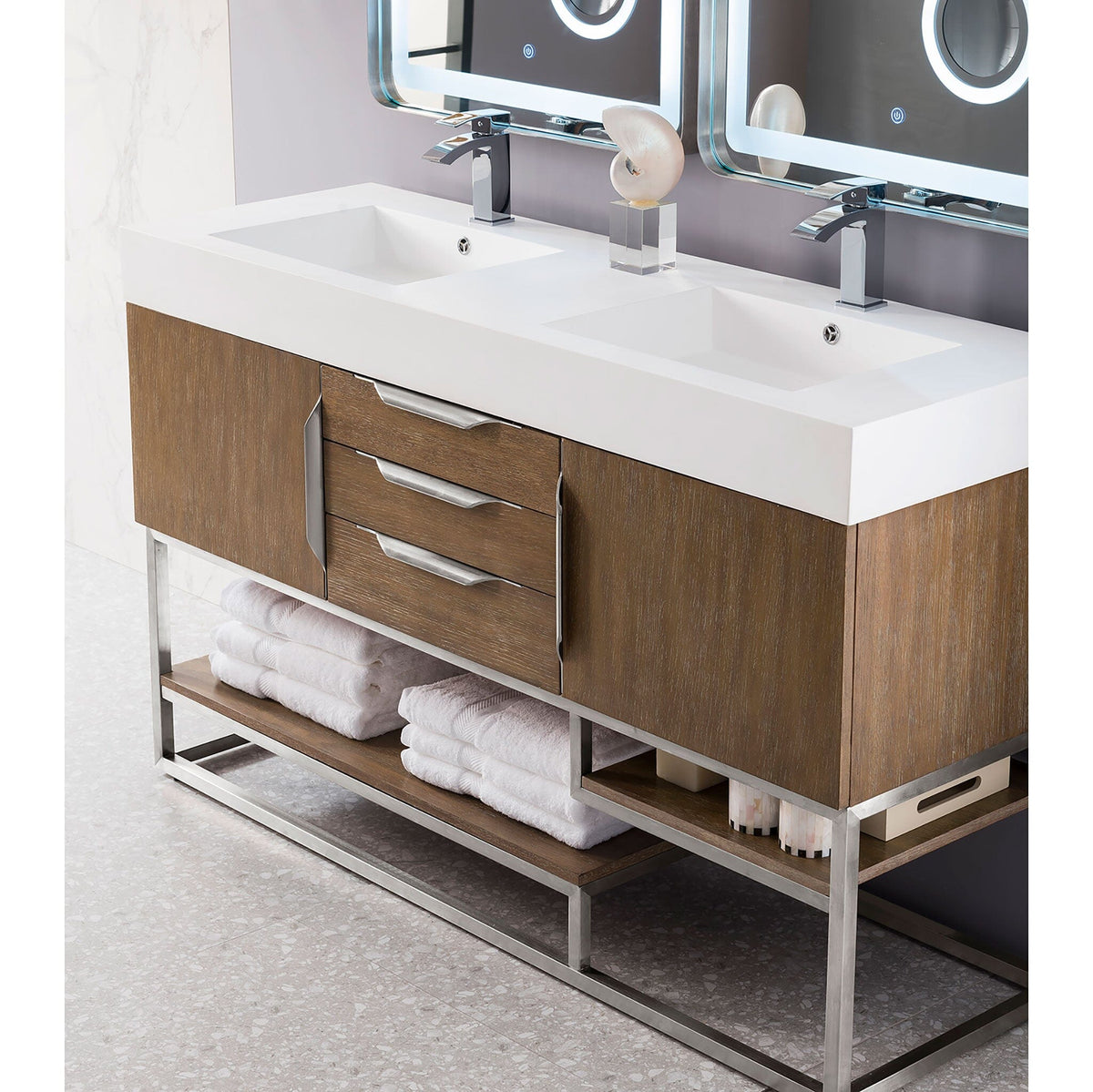 59" Columbia Double Bathroom Vanity, Latte Oak w/ Brushed Nickel Base and Glossy White Composite Stone Top
