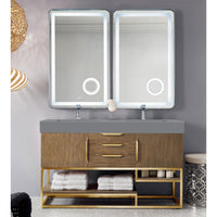59" Columbia Double Bathroom Vanity, Latte Oak w/ Radiant Gold Base and Glossy White Composite Stone Top