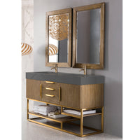 59" Columbia Double Bathroom Vanity, Latte Oak w/ Radiant Gold Base and Glossy White Composite Stone Top