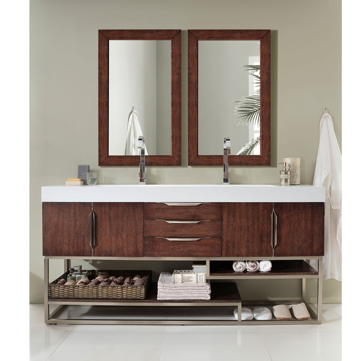 72" Columbia Double Bathroom Vanity, Coffee Oak w/ Brushed Nickel Base - vanitiesdepot.com