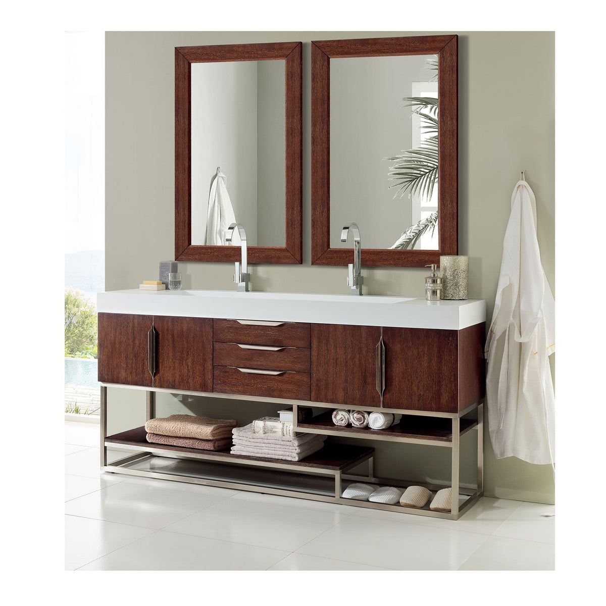 72" Columbia Double Bathroom Vanity, Coffee Oak w/ Brushed Nickel Base - vanitiesdepot.com