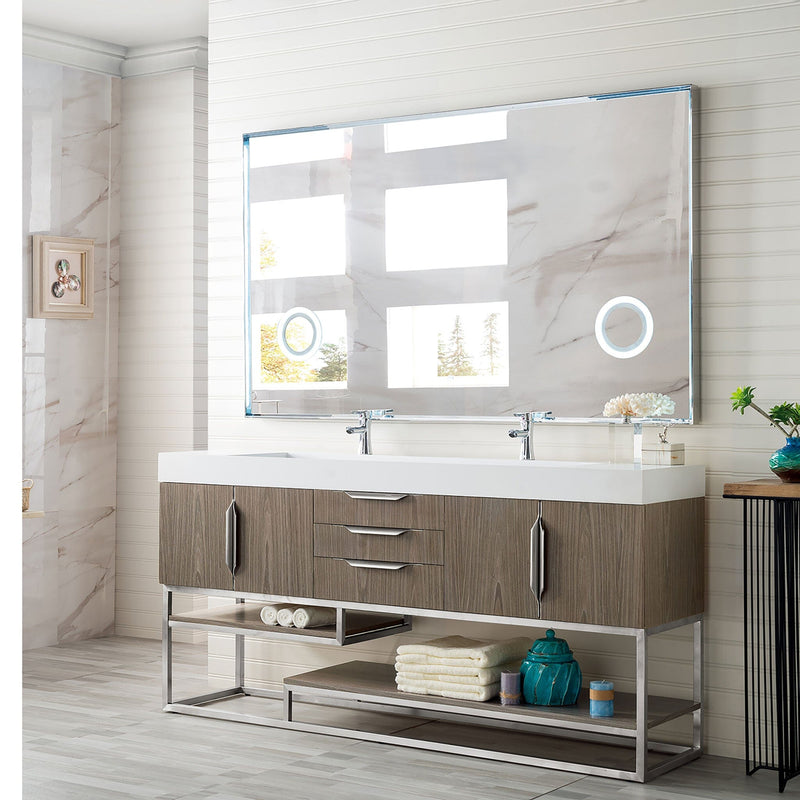 72" Columbia Double Bathroom Vanity, Ash Gray w/ Brushed Nickel Base and Glossy White Composite Stone Top