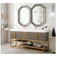 72" Columbia Double Bathroom Vanity, Ash Gray w/ Radiant Gold Base and Glossy White Composite Stone Top