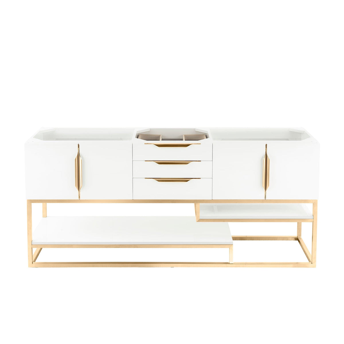 72" Columbia Double Bathroom Vanity, Glossy White w/ Radiant Gold Base and Glossy White Composite Stone Top