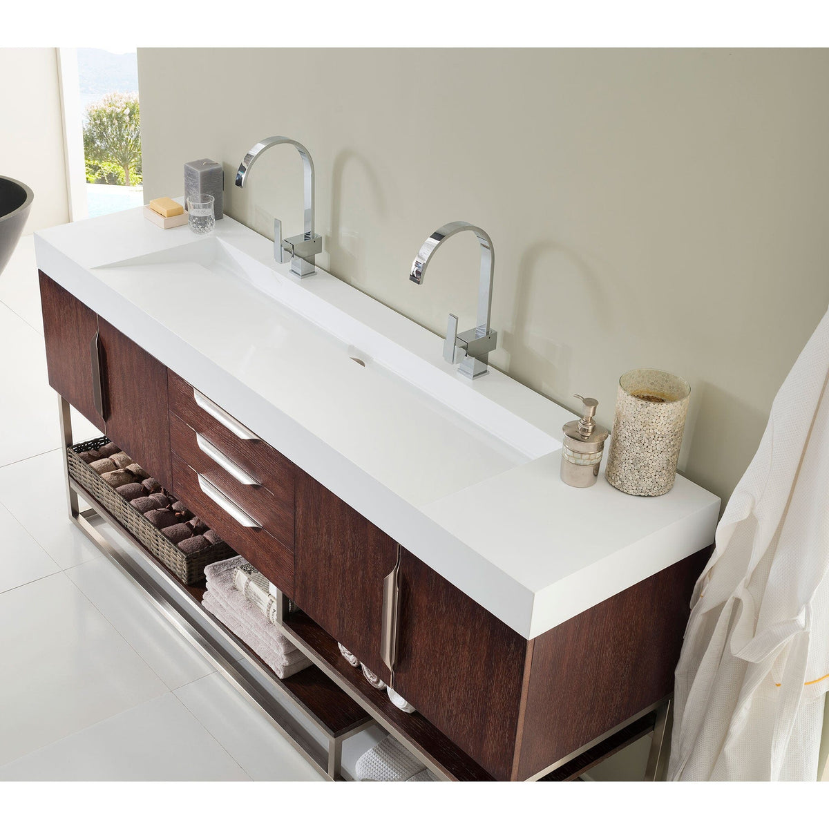 72" Columbia Double Bathroom Vanity, Coffee Oak w/ Brushed Nickel Base - vanitiesdepot.com