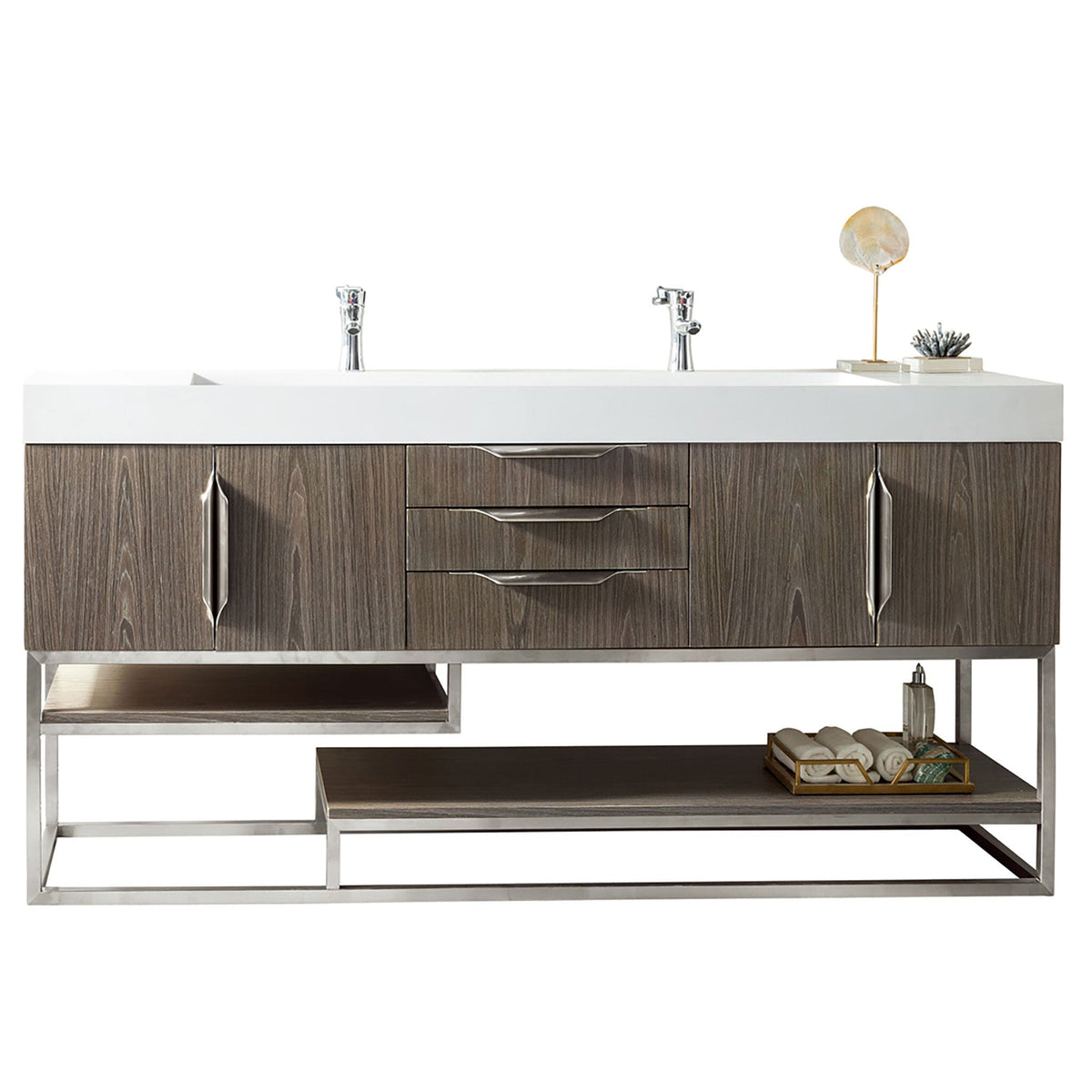 72" Columbia Double Bathroom Vanity, Ash Gray w/ Brushed Nickel Base and Glossy White Composite Stone Top