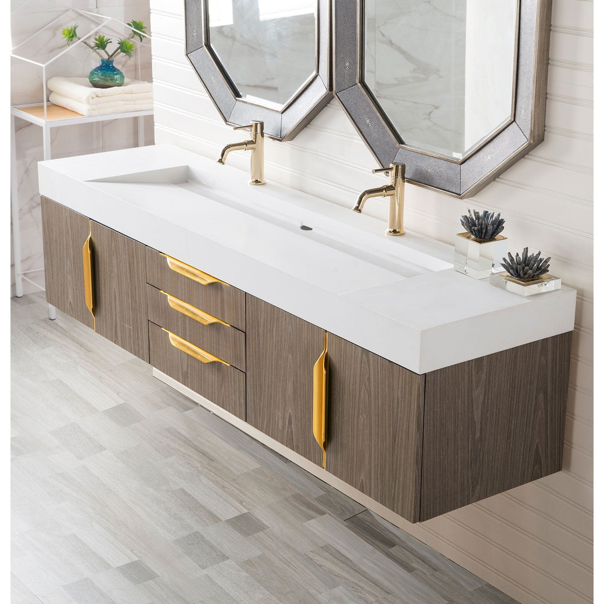 72" Mercer Island Double Bathroom Vanity, Ash Gray w/ Radiant Gold