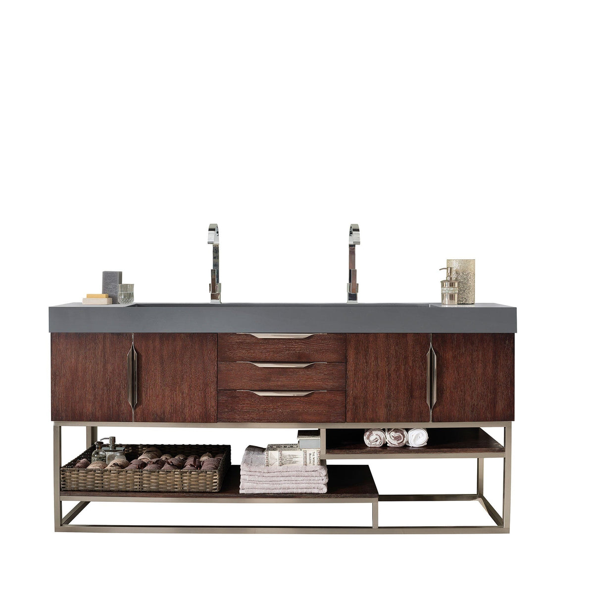 72" Columbia Double Bathroom Vanity, Coffee Oak w/ Brushed Nickel Base - vanitiesdepot.com