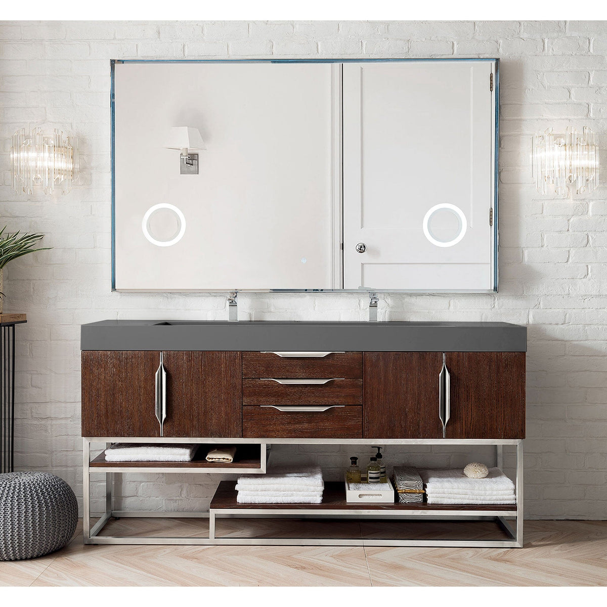 72" Columbia Double Bathroom Vanity, Coffee Oak w/ Brushed Nickel Base - vanitiesdepot.com