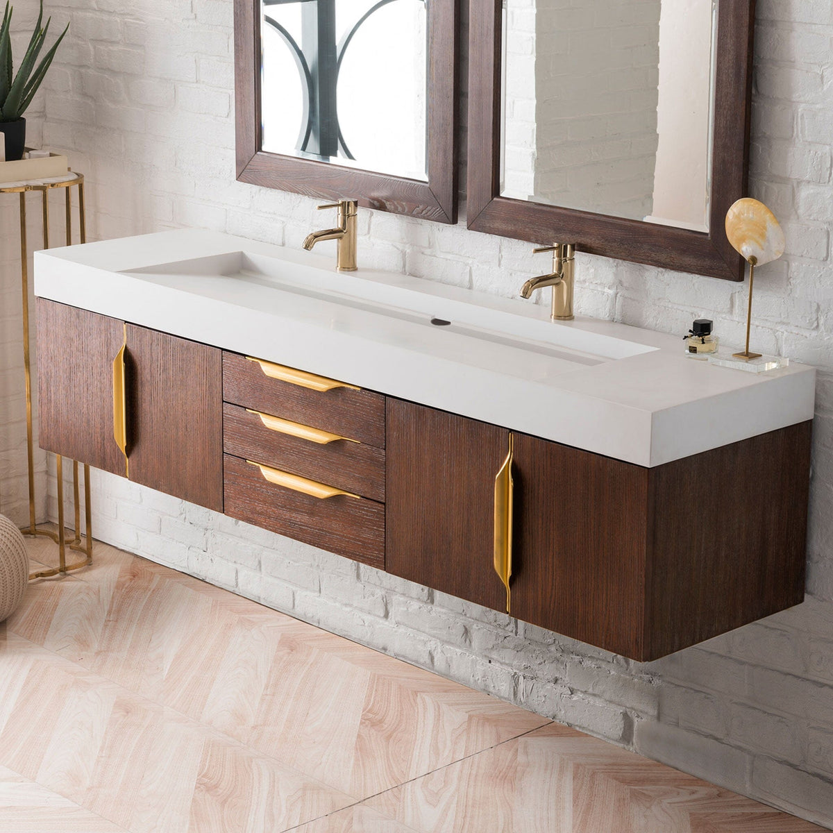 72" Mercer Island Double Bathroom Vanity, Coffee Oak w/ Radiant Gold