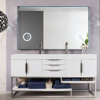 72" Columbia Double Bathroom Vanity, Glossy White w/ Brushed Nickel Base
