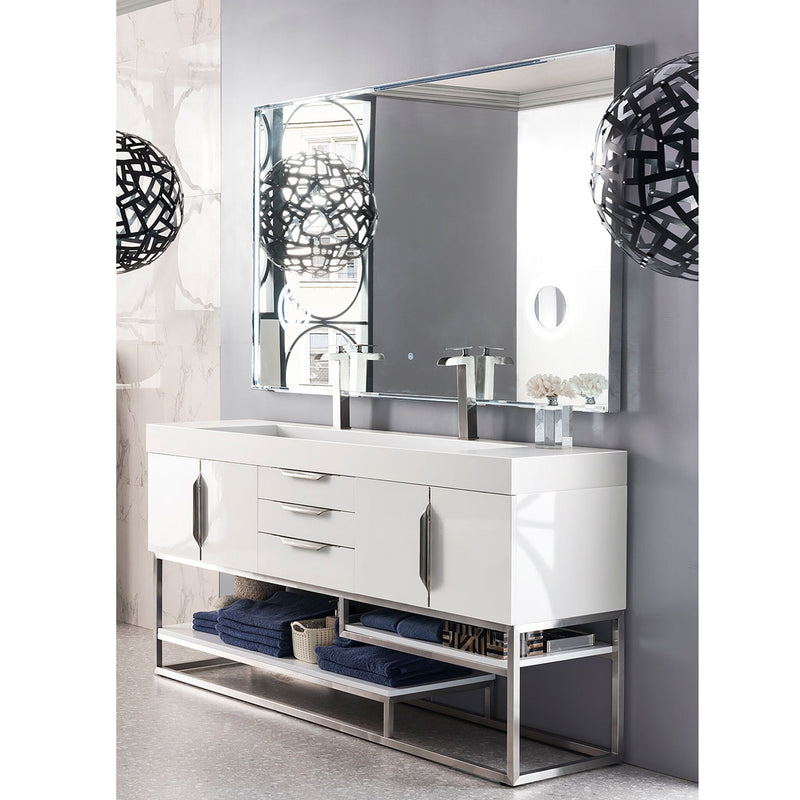 72" Columbia Double Bathroom Vanity, Glossy White w/ Brushed Nickel Base and Glossy White Composite Stone Top