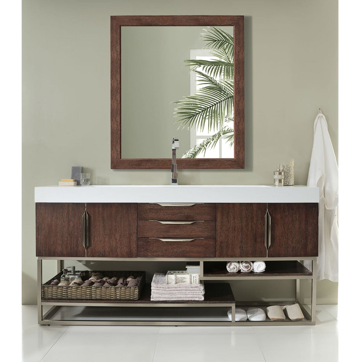 72" Columbia Single Bathroom Vanity, Coffee Oak w/Brushed Nickel Base - vanitiesdepot.com