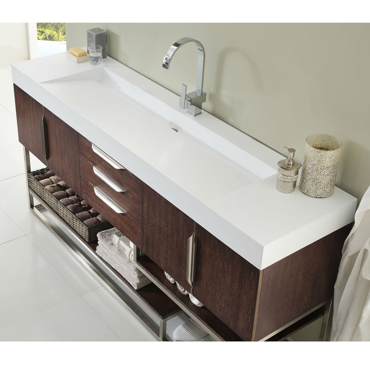 72" Columbia Single Bathroom Vanity, Coffee Oak w/Brushed Nickel Base - vanitiesdepot.com