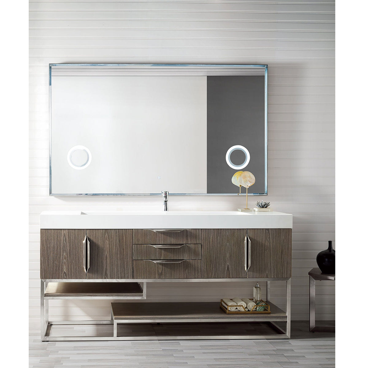 72" Columbia Single Bathroom Vanity, Ash Gray w/ Brushed Nickel Base and Glossy White Composite Stone Top