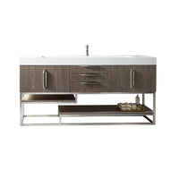 72" Columbia Single Bathroom Vanity, Ash Gray w/ Brushed Nickel Base and Glossy White Composite Stone Top