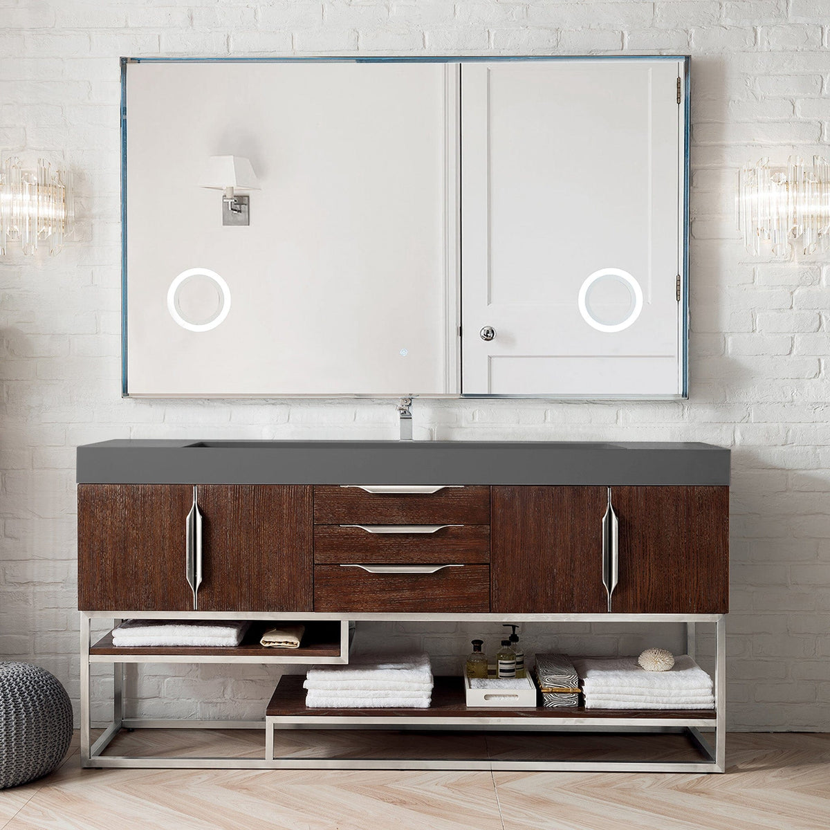 72" Columbia Single Bathroom Vanity, Coffee Oak w/Brushed Nickel Base - vanitiesdepot.com