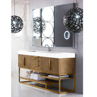 72" Columbia Single Vanity, Latte Oak w/ Radiant Gold Base and Glossy White Composite Stone Top