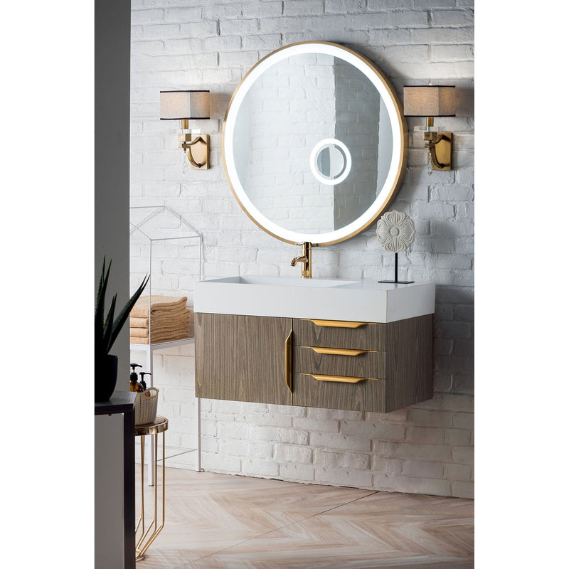 36" Mercer Island Single Bathroom Vanity, Ash Gray w/ Radiant Gold and Glossy White Composite Stone Top