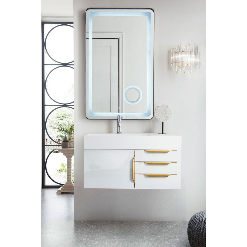 36" Mercer Island Single Bathroom Vanity, Glossy White w/ Radiant Gold and Glossy White Composite Stone Top
