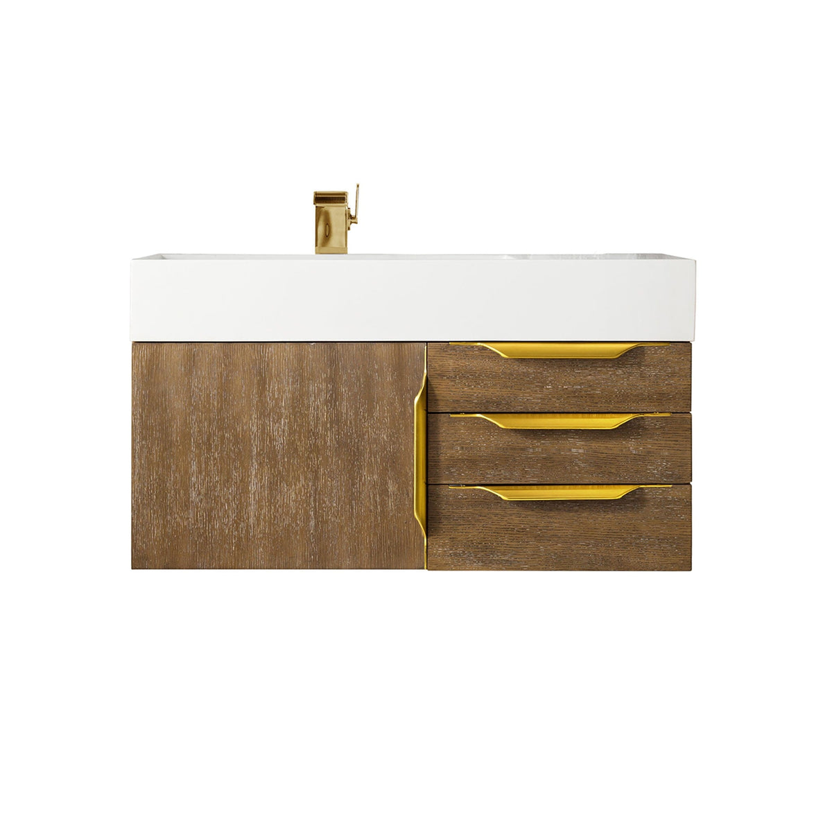 36" Mercer Island Single Bathroom Vanity, Latte Oak w/ Radiant Gold and Glossy White Composite Stone Top