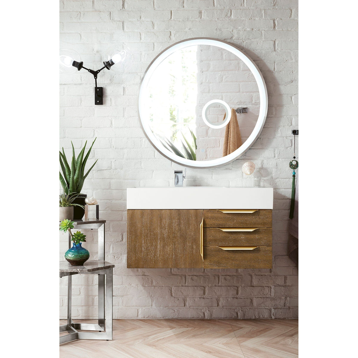 36" Mercer Island Single Bathroom Vanity, Latte Oak w/ Radiant Gold and Glossy White Composite Stone Top