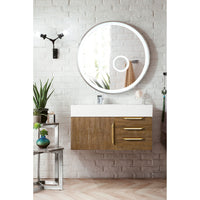 36" Mercer Island Single Bathroom Vanity, Latte Oak w/ Radiant Gold and Glossy White Composite Stone Top
