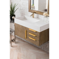 36" Mercer Island Single Bathroom Vanity, Latte Oak w/ Radiant Gold and Glossy White Composite Stone Top